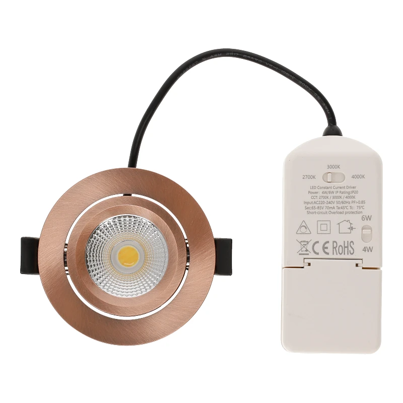 LED Inbouwspot Aristo | Dimbaar | IP65 | 4W en 6W | CCT Switch | Zaagmaat: Ø68-75 mm | Koper 6 led-inbouwspot-6w-dim-koper-cct-switch